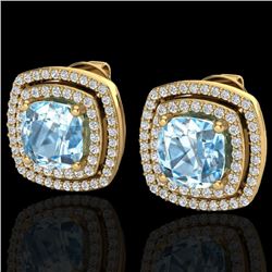 4.05 CTW Sky Blue Topaz & Micro VS/SI Diamond Halo Earrings 18K Yellow Gold - REF-104W4H - 20158