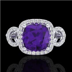 3.75 CTW Amethyst & Micro VS/SI Diamond Certified Ring 18K White Gold - REF-65M8F - 22995