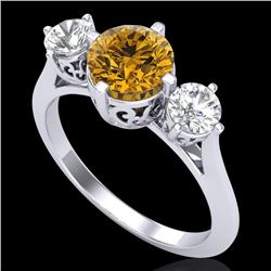 1.51 CTW Intense Fancy Yellow Diamond Art Deco 3 Stone Ring 18K White Gold - REF-236N4Y - 38085