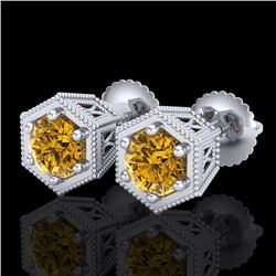 1.15 CTW Intense Fancy Yellow Diamond Art Deco Stud Earrings 18K White Gold - REF-130H9W - 38043