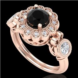 1.5 CTW Fancy Black Diamond Solitaire Art Deco 3 Stone Ring 18K Rose Gold - REF-170R2K - 37850