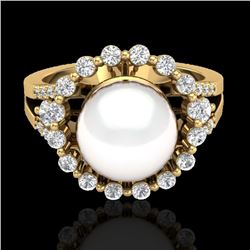 0.83 Ct Micro Pave VS/SI Diamond Certified & Pearl Halo Ring 18K Yellow Gold - REF-83T8X - 20707