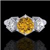 Image 2 : 1.66 CTW Intense Fancy Yellow Diamond Art Deco 3 Stone Ring 18K White Gold - REF-254M5F - 38057