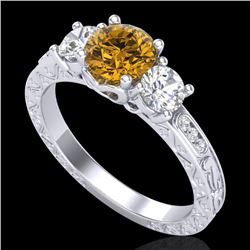 1.41 CTW Intense Fancy Yellow Diamond Art Deco 3 Stone Ring 18K White Gold - REF-180T2X - 37763