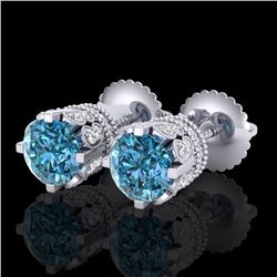 3 CTW Fancy Intense Blue Diamond Solitaire Art Deco Earrings 18K White Gold - REF-349W3H - 37362