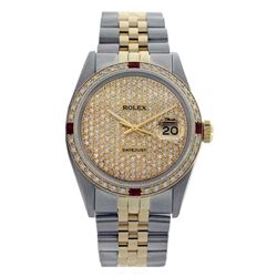Rolex Men's Two Tone 14K Gold/SS, QuickSet, Diam Pave Dial & Diam/Ruby Bezel - REF-572K7R