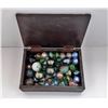 Image 1 : #21 - CARVED WOODEN BOX & VINTAGE MARBLES
