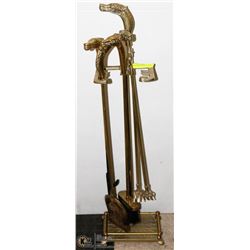 BRASS HORSE HEAD FIREPLACE SET