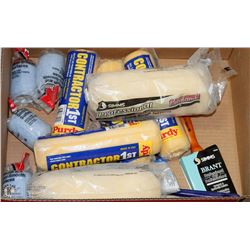 BOX OF ASSORTED PAINT BRUSHES AND ROLLERS