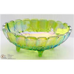 LARGE GREEN CARNIVAL GLASS FOOTED FRUIT BOWL
