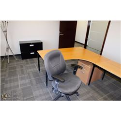 RM28-DESK, EXECUTIVE CHAIR, COAT RACK, DRAWERS,