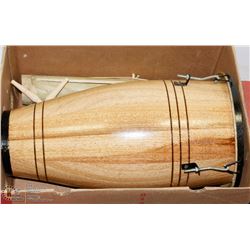 BOX OF CUBAN INSTRUMENTS INCL BONGO DRUM