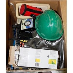 BOX OF MISC INCL HARD HAT, AIR COMPRESSOR, AIR