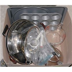 LARGE BOX W/BAKING ITEMS INCL. PYREX 8-