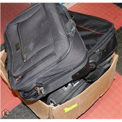 BOX W/ 4 LAPTOP BAGS, ROUTER & MORE