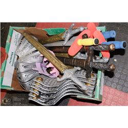 LARGE BOX WITH ASSORTED SHIELDS, SWORDS