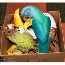 BOX OF 4 BIRDS W/ PERCHES & CAST IRON LANTERNS