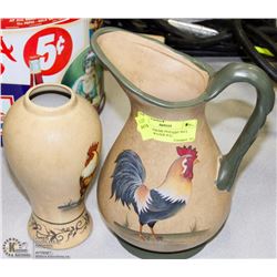 ROOSTER THEME POTTERY INCL VASE AND WATER JUG