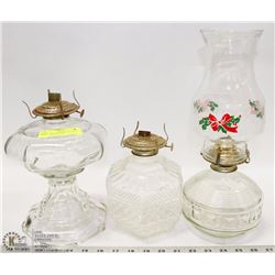 CRATE OF 3 VINTAGE LANTERNS, ONLY ONE W/ GLASS