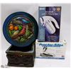BOX W/ FABRIC SHAVER, STEAM IRON, 2 DECORATIVE