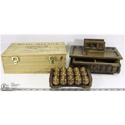 BOX W/ PINE BOX, MEN'S JEWELRY BOX & WOOD BACK