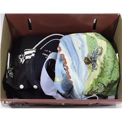 FLAT OF TRUCKER HATS AND BACKPACK.
