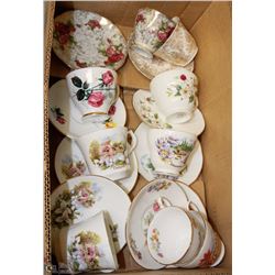 FLAT OF ENGLISH CHINA CUPS AND SAUCERS