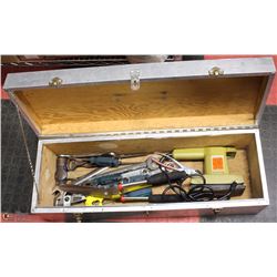 HEAVY DUTY METAL & WOOD TOOL BOX C/W TOOLS  29"L