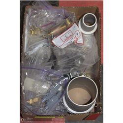 BOX OF BRASS FITTINGS, THREADED COUPLINGS AND MORE