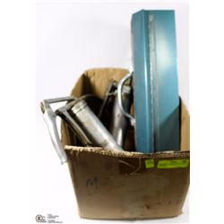 BOX WITH 3 GREASE GUNS & METAL TOOLBOX
