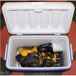COLEMAN COOLER W/ DEWALT DRILLS, BATTERIES,
