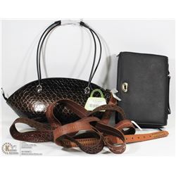 2 NEW DESIGNER HAND BAGS AND LEATHER BELTS