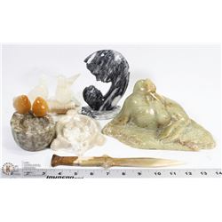 6 PIECE LOT OF ONYX & SOAPSTONE CARVINGS