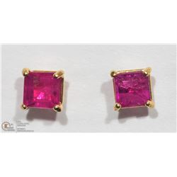 #14-14K Y. GOLD RUBY PRINCESS CUT STUD EARRINGS