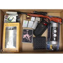 FLAT WITH MAN ITEMS INCL RIFLE LIGHTER, 5 ZIPPO