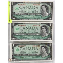 LOT OF 3 - 1967 CANADA ONE DOLLAR BILLS SEQUENTIAL