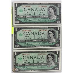 LOT OF 3 - 1967 CANADA ONE DOLLAR BILLS UNC