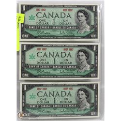LOT OF 3 - 1967 CANADA ONE DOLLAR BILLS UNC