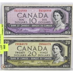 LOT OF 2-1954 CANADA TEN & TWENTY DOLLAR BILLS