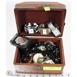 SMALL CHEST OF WATCHES, JEWELLERY AND MORE