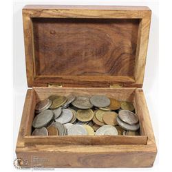 SMALL TREASURE BOX W/ 2-1/2 POUNDS OF WORLD COINS