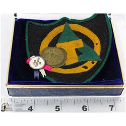 LOT OF VINTAGE CREST WITH PIN  AND 5 CENT TOKEN