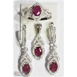 #33-ST. SILVER RUBY PENDANT, RING & EARRING SET