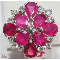 #44-STERLING SILVER RUBY FLORAL CLUSTER RING SZ 8