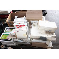 PALLET OF NEW EXIT SIGNS, POWER BOX. FLOOD LIGHTS