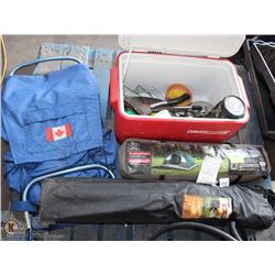 PALLET W/ CAMPING GEAR INCL TENT, COOLER, FOLD UP