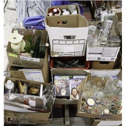 PALLET OF ASST GLASSWARE, HOUSEWARE ITEMS, MOVIES