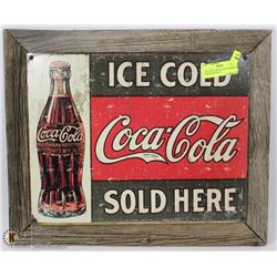 COCA COLA METAL SIGN FRAMED IN BARNWOOD 16X19