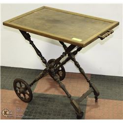 ANTIQUE TEA TROLLEY WITH WOODEN WHEELS