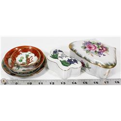 3 PLATES 2 TRINKET BOXES PORCELAIN